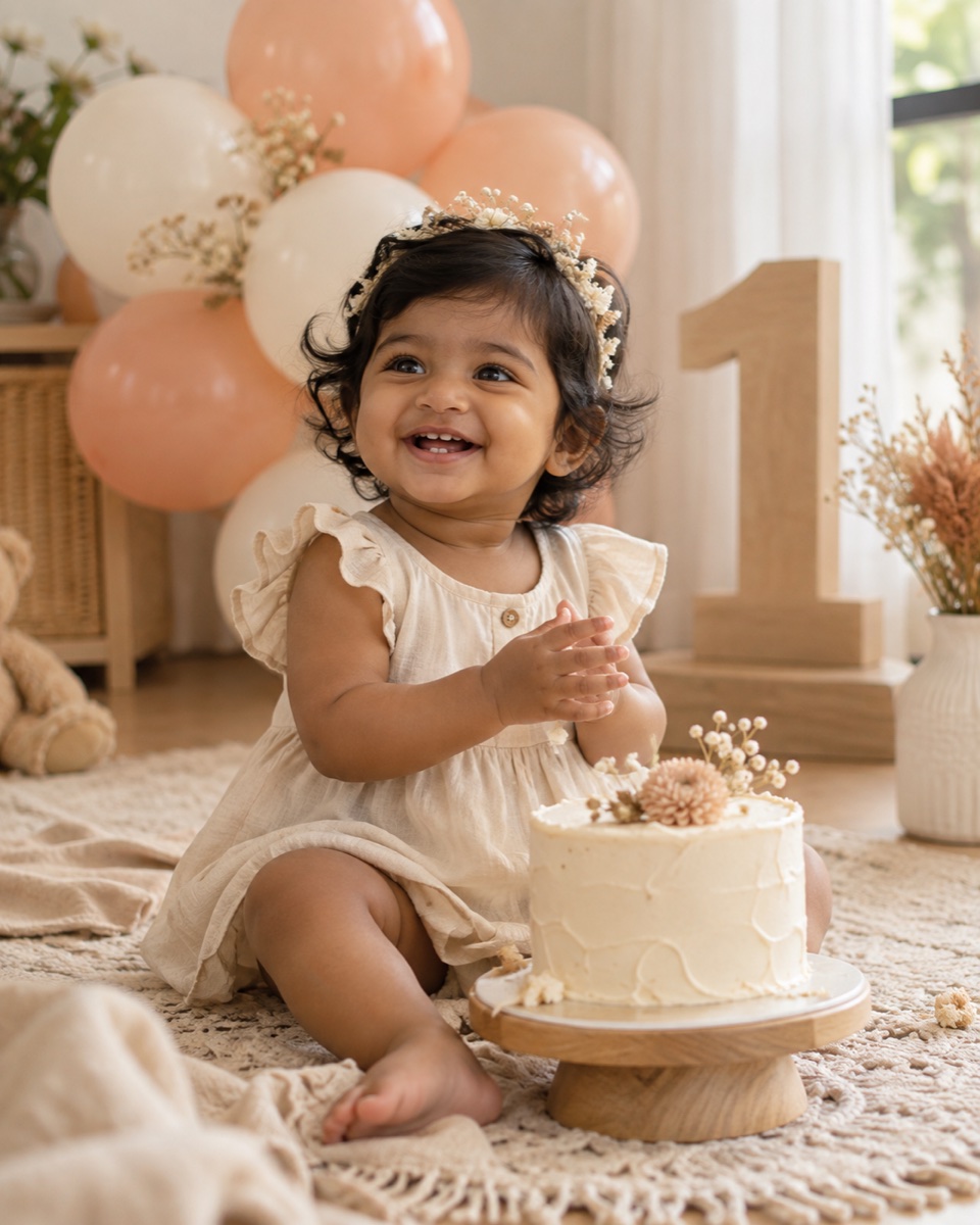 First birthday portrait with a simple cream cake