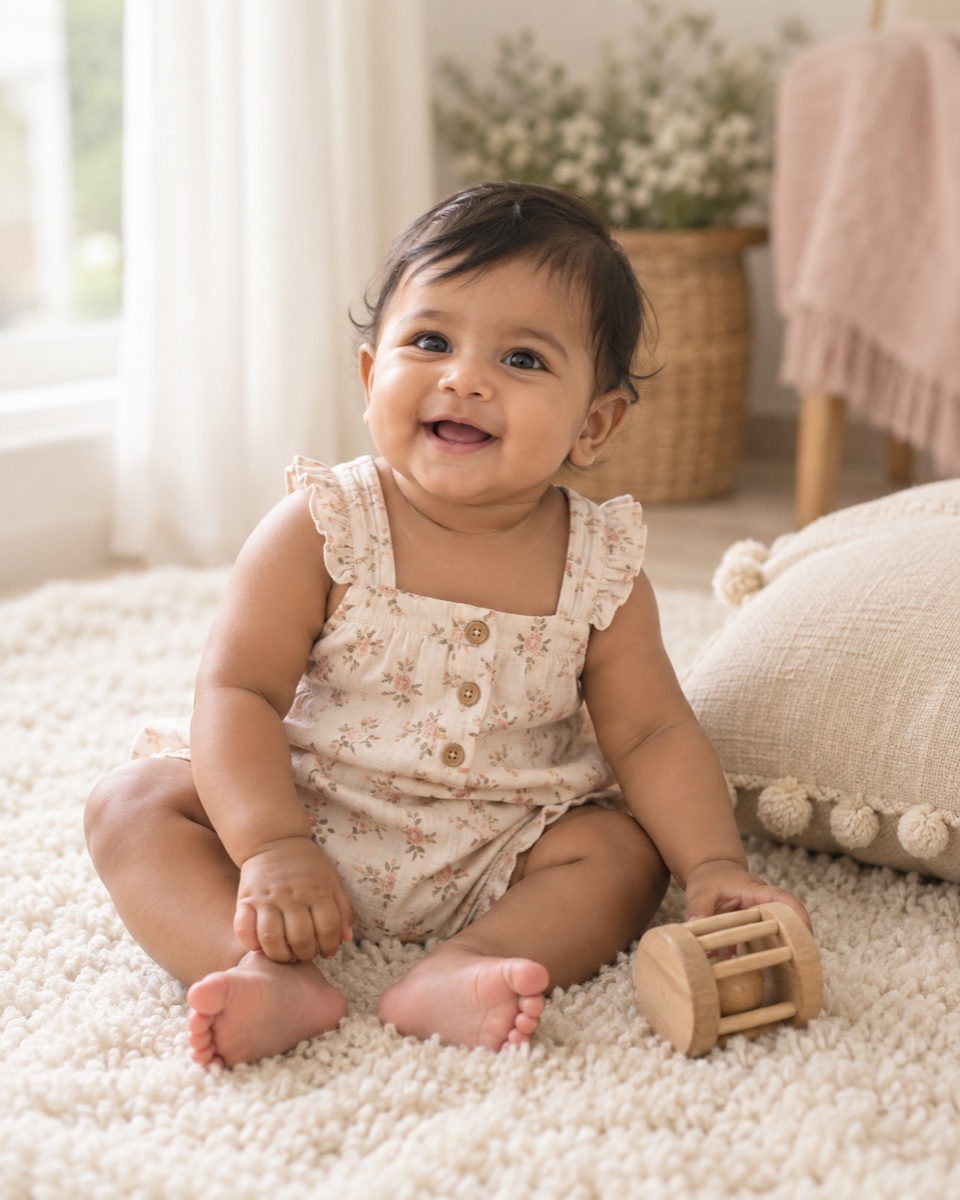 Happy baby milestone portrait in a soft natural setting