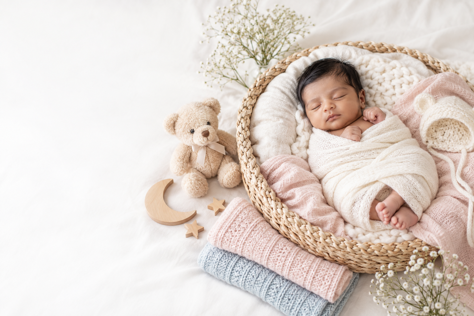 Sleeping newborn photographed with a woven basket, teddy bear and soft pastel props