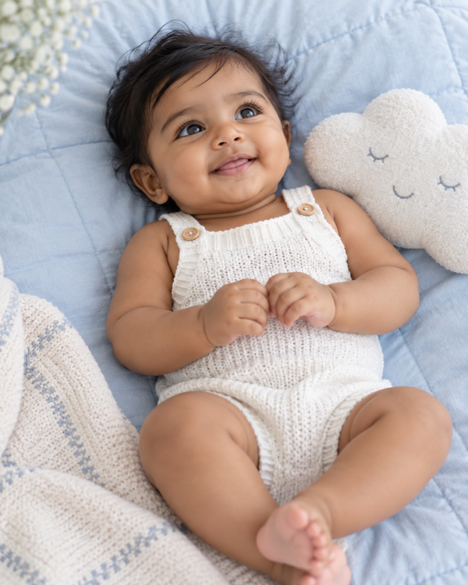 Smiling baby on a soft powder-blue quilt