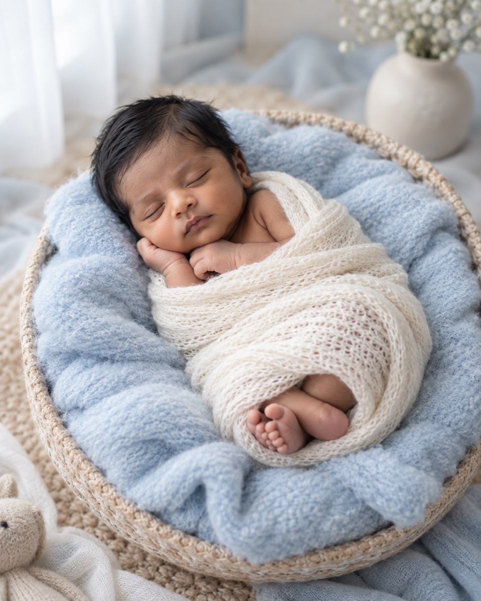 Sleeping newborn styled with soft powder-blue blankets
