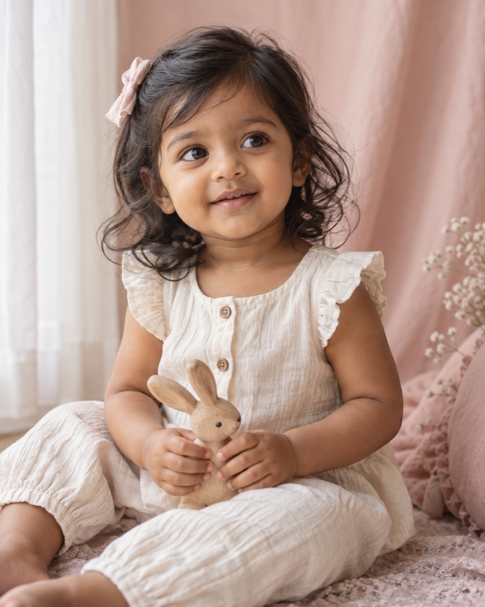 Toddler portrait in a soft blush-pink setting